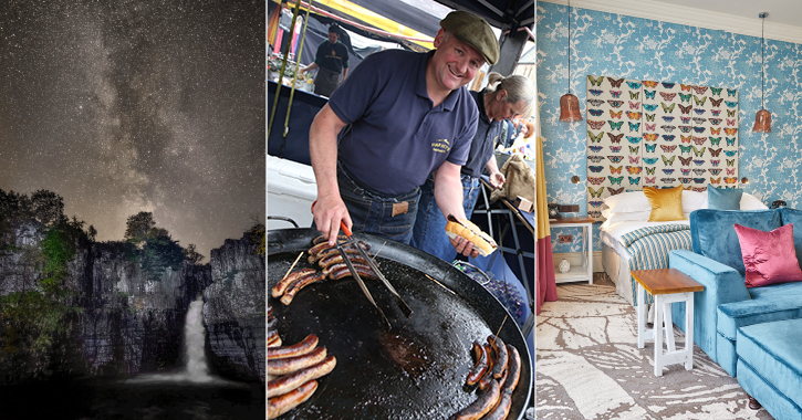 Left to right - starry night at high force waterfall, man serving sausages at food festival and bedroom at Seaham Hall hotel